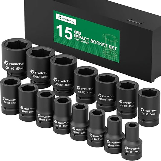 1 Inch Drive Deep Impact Socket Set,15 Pcs, Metric, CR-MO, 17/19/21/22/24/27/30/32/34/36/38/41/46/50/55mm Heavy Duty Large Sockets for Truck, Excavator & Industrial Use, with Metal Case