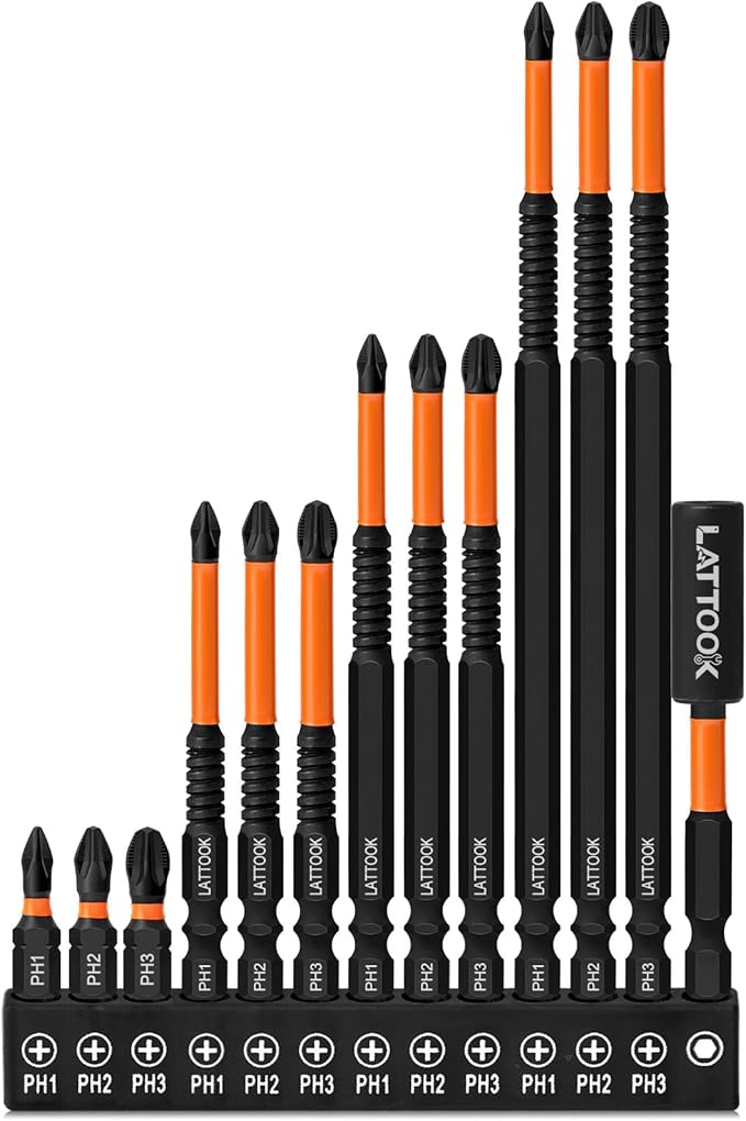 13-Pack Impact Phillips Bits Set, LATTOOK #1, #2, #3 Magnetic Anti Slip Long Phillips Screwdriver Bits Set, 1/4" Hex Shank S2 Steel, Ph1, Ph2, Ph3