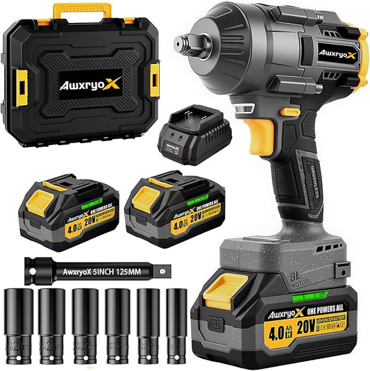1500Nm Cordless Impact Wrench, 1107ft-lbs Brushless Impact Gun with 2x4.0Ah Battery,1/2" 20V High Torque Pistola De Impacto with 6 Socket & Extension Rod, Electric Taladros for Truck/Car/Mower