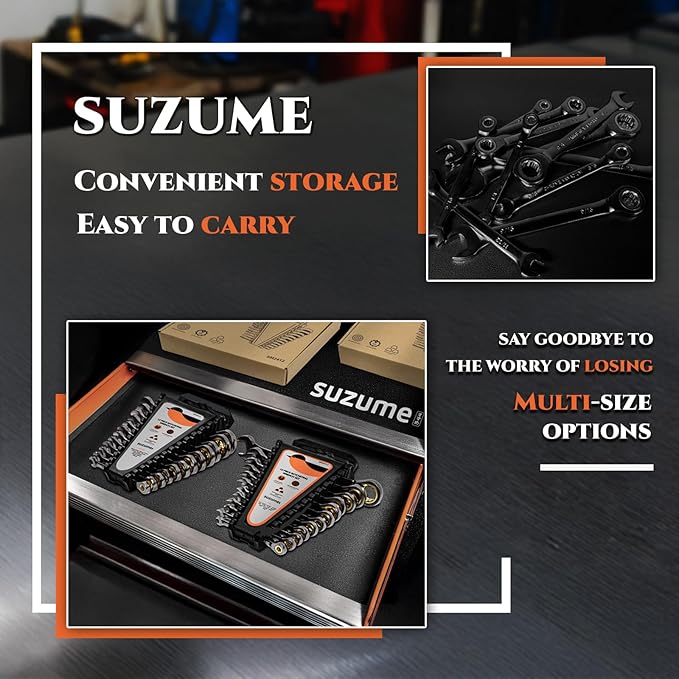 SUZUME 24 PCS SAE and Metric Ratcheting Wrench Set (1/4" - 7/8" & 8-19mm) 15K+ Cycle Locked Gears 72T Cr-V Steel Combination Wrench Sets with Organize Box for Tight Engine Bays Industrial Maintenance