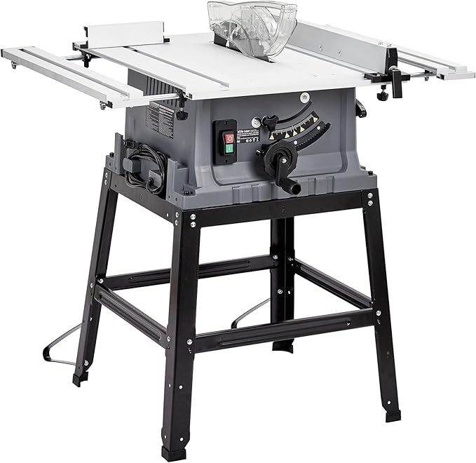 Table Saw 10 Inch 15A Multifunctional Saw With Stand & Push Stick, 5000RPM Portable Jobside Table Saw, 90° Cross Cut and 0-45° Bevel Cut Saw with Adjustable Blade Height for Woodworking, Jobsite