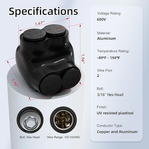 6 Pack 2 Port Insulated Multi Tap Connector 1/0-14AWG Black Insulated Connectors 3/16" Allen Hex Aluminum Wire Connector