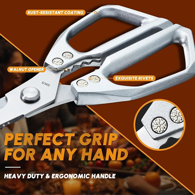 HUUSK Kitchen Scissors and Cooking Tong Set - Silver Kitchen Shears for Food with Stainless Steel BBQ Tongs, Japanese Style Dishwasher Safe Meat Scissors for All Purpose, Christmas Gifts for Men Women