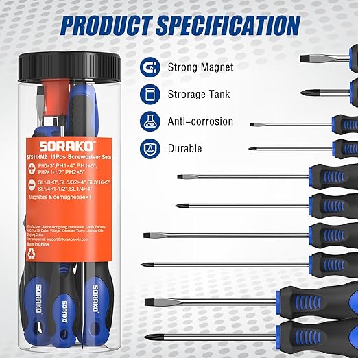 SORAKO 11-Piece Magnetic Screwdriver Set, 5 Phillips and 5 Slotted Tips, Include Magnetizer, Screwdriver with Professional Non-Slip Grip, for Home Repair and DIY Projects竊똚ith Case