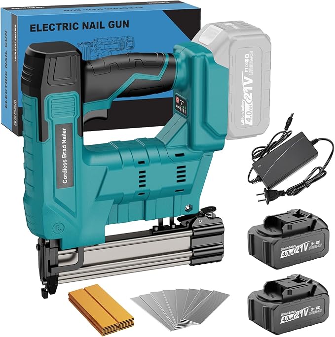 Cordless Brad Nailer, Nail Gun with 2Pcs 4.0Ah Battery, 18 Gauge 2 in 1 Electric Staple Guns Battery Powered for Upholstery & Carpentry, Include 1600Pcs Nails & Staples, Charger (Brad Nailer)
