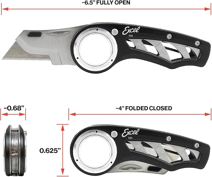 Excel Blades Revo Folding Utility Knife ??Heavy-Duty Box Cutter with Aluminum Body, Quick-Change #92 Blades, 3 Lock Positions Design, Anti-Slip Finger Loop Grip, Holster Included ??Black