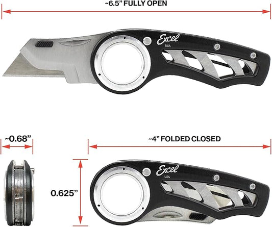 Excel Blades Revo Folding Utility Knife ??Heavy-Duty Box Cutter with Aluminum Body, Quick-Change #92 Blades, 3 Lock Positions Design, Anti-Slip Finger Loop Grip, Holster Included ??Black