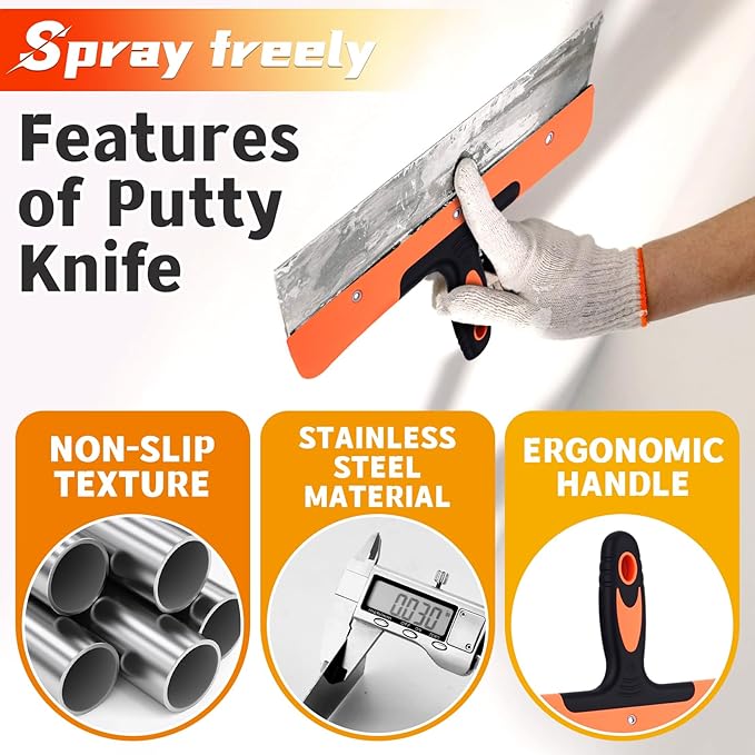 Drywall Knives Set, Paint Spatula with Bag and Plastic Handle, Rustproof Putty Spatula, Stainless Steel Putty Knife for Scraping Wallpaper and Drywall (8Pcs)