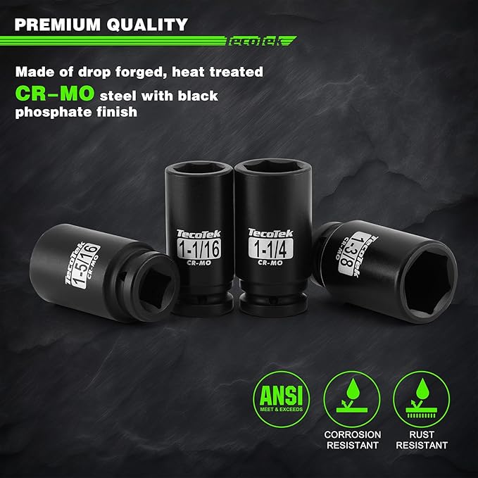 3/4" Drive Deep 6-Point Impact Socket Set, 9-Piece Jumbo Assortment, SAE, Cr-Mo, 1-Inch to 1-1/2-Inch Size, 1/2" F to 3/4" M Impact Socket Adapter