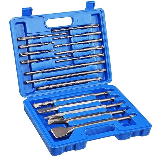 SagaSave 17 PCS Rotary Hammer SDS Plus Drill Bits & Chisel Set, Carbide Tipped Concrete Masonry Hole Tool with Storage Case for Drilling Concrete, Masonry, Bricks and Stone Blue