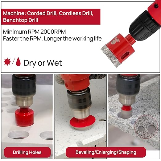 FOCSTOL Diamond Core Drill Bit Set - 8pcs (6/8/10/20/35mm+20mm Finger Milling Bit+35mm Beveling Chamfer Bit+6mm Carbide Drill Bit) Diamond Hole Saw Kit for Porcelain Ceramic Tile Marble Granite