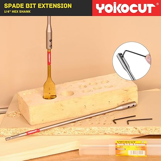 Drill Bit Extension Set, 6 and 12 Inches 1/4 Hex Shank Extension for Spade Bits, 2X Hex Key Included, Wood Spade Drill Bit Extension