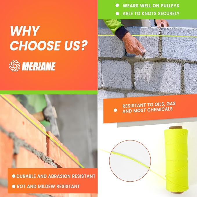 MERIANE Mason Line, 500 Ft #18 Braided Nylon String, Premium String for Masonry Jobs, Construction, Gardening, Net Making and Mending, DIY Projects, Fluorescent Yellow