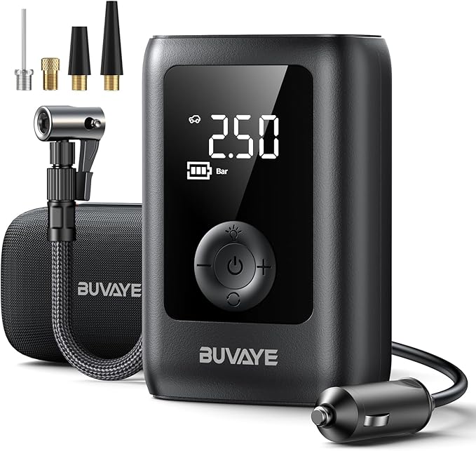 BUVAYE Tire Inflator Portable Air Compressor, 150PSI Portable Air Pump, 12V DC Cordless/Corded Air Pump with Pressure Gauge Emergency LED Light for Tires, Bicycle, Balloons with EVA Bag