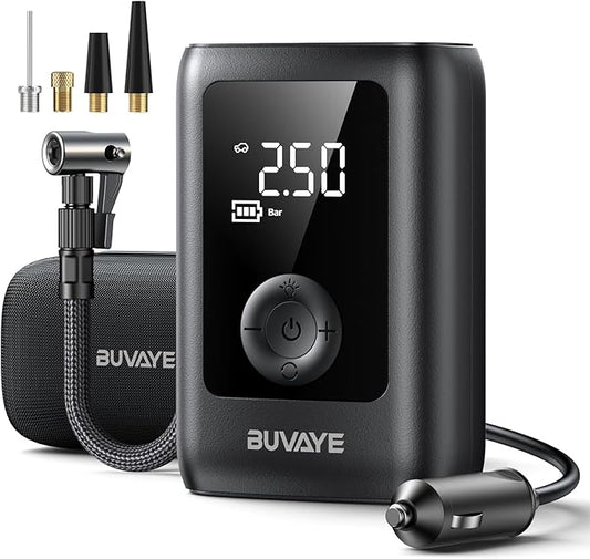 BUVAYE Tire Inflator Portable Air Compressor, 150PSI Portable Air Pump, 12V DC Cordless/Corded Air Pump with Pressure Gauge Emergency LED Light for Tires, Bicycle, Balloons with EVA Bag