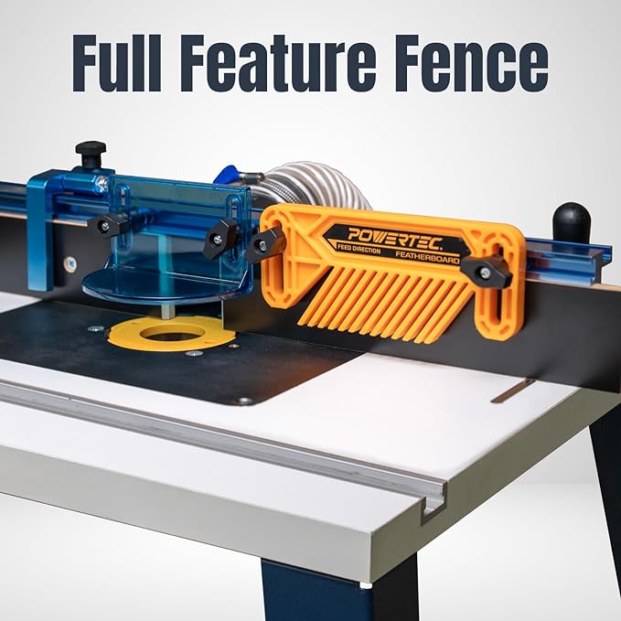 POWERTEC Benchtop Router Table with Steel Stand and Adjustable Fence ??24" x 16" MDF Laminated Top, Insert Plate, 2-1/2" Dust Port, Fence Stop, Featherboard & Additional Accessories (71402V)