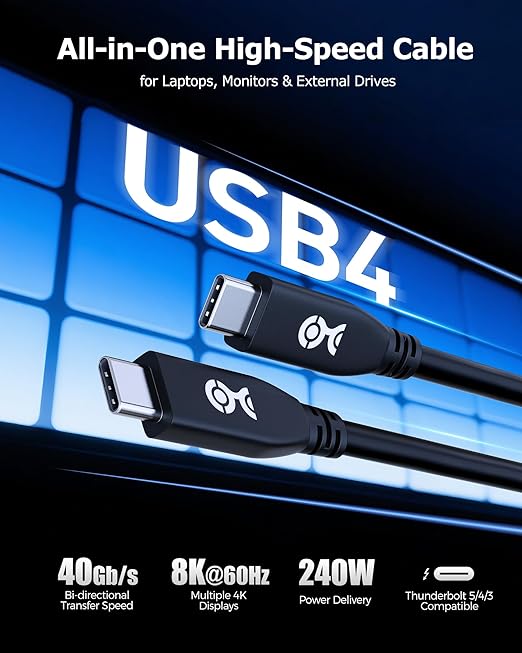 Cable Matters 40Gbps USB 4 Cable - 6.6ft, Supports Up to [8K@60Hz / 4K@240Hz Video, 240W Charging, 40Gbps Data Transfer] USB4 Cable, Black, Compatible with Thunderbolt 4, MacBook, XPS, Surface Pro