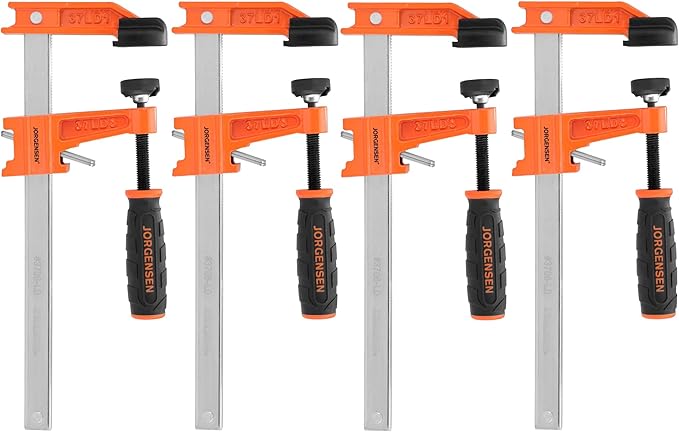 Jorgensen 6 inch Bar Clamp Set, 4 Pack Steel F Clamp Light Duty, 300 lbs Load Limited, for Woodworking, Metalworking, DIY