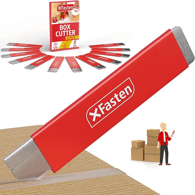 XFasten 12-Pack Retractable Box Cutters with Safety Scraper Bulk Cardboard and Carton Mini Flat Box Cutter Blades Pack, Pocket-Sized and Wiggling-proof Box Opener for Cutting and Scraping