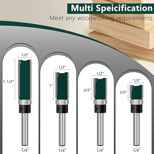 Feanron Flush Trim Router Bit Set 4 Pcs Straight Cut Router Bits 1/4 Inch Shank, Carbide Tipped Pattern Template Route Bit with Bottom Bearing, Woodworking Tools for Milling Trimming Home DIY (Green)