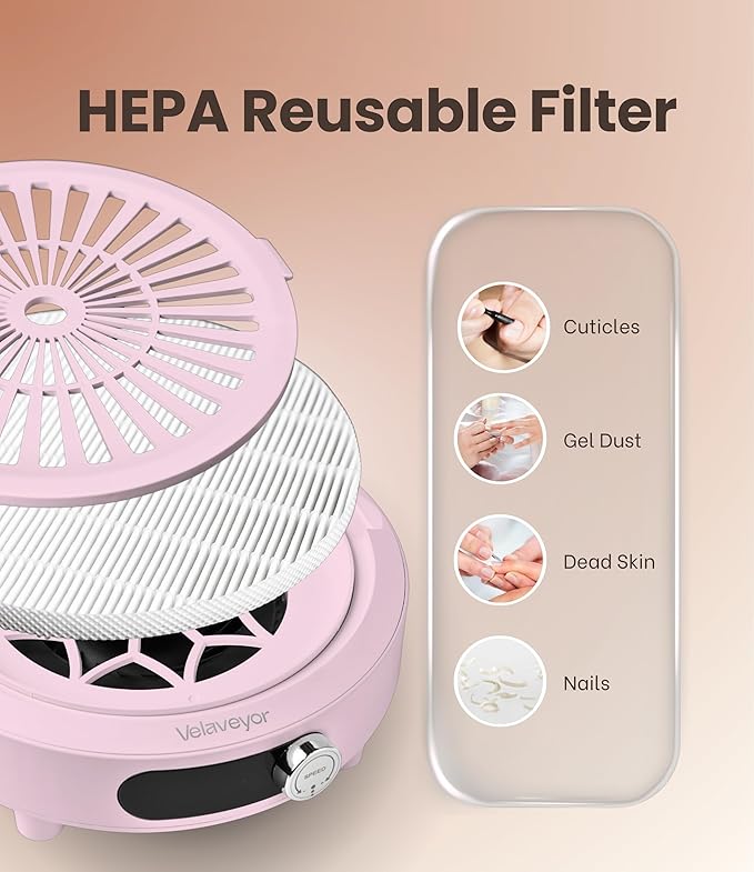 Nail Dust Collector, Rechargeable & Cordless 3800 RPM Low Noise Nail Vacuum Fan with LED Display, Adjustable Speed, Reusable Filter, 30 Pcs Paper, for Acrylic Nails, Salon & Home, Pink