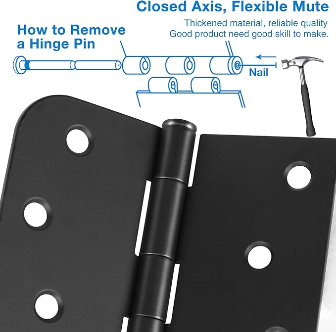 6 Pack Black Door Hinges 4 Inch Interior Hinge Matte Black Door Hinges 4 in Square Rounded 5/8" Radius Corner Hinge for Doors Reversible Full Mortise Combination 4 in Doors Hardware