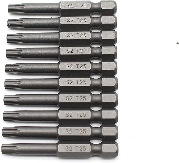 10 pc T25 Torx Star Head Screwdriver Bit Set, S2 Steel 6 Point T-25 Reduced Round Shaft Screwdriver Insert Bits Hex Shank