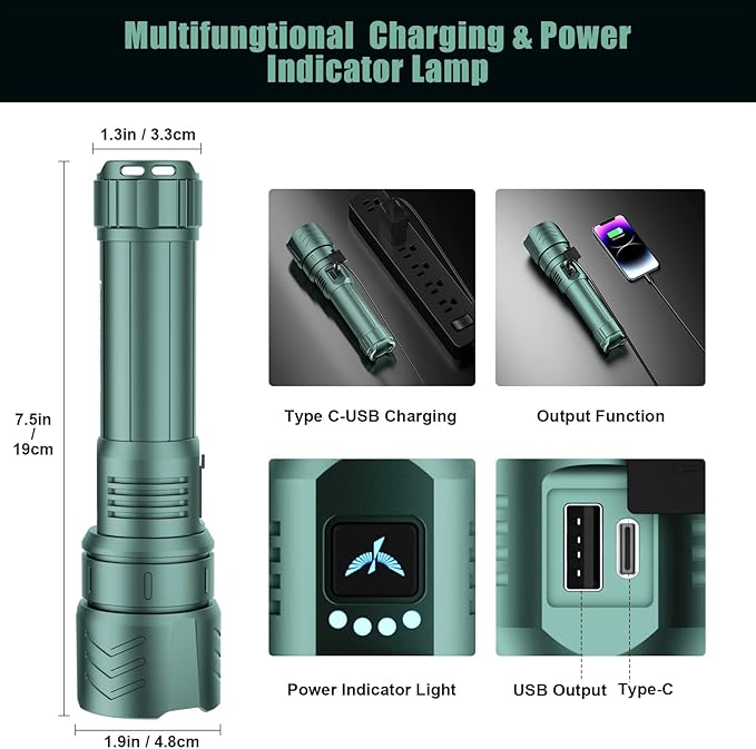 SKYFIRE LED Flashlight High Lumens,5000mAh Super Bright Rechargeable Flashlight,Zoomable,Four Modes,Waterproof Flash Light for Camping Essentials,Outdoor and Home Emergencies-Green