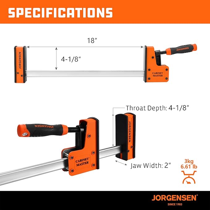 JORGENSEN 18-Inch Parallel Bar Clamp, Heavy-Duty Cabinet Master Clamp for Woodworking Glue-Up, 2200 lbs Force, Quick Release, Spreader Function, 2-Pack