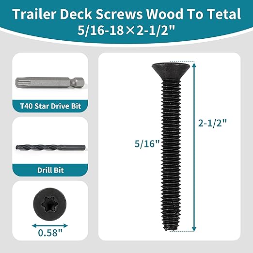 5/16-18 x 2-1/2" Trailer Deck Screws (100 Pack) | T40 Torx Star Drive for Wood to Metal | Flat Head, Self Tapping Floorboard Screws