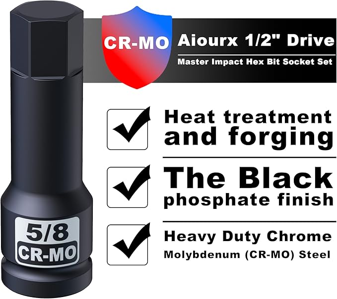 1/2" Drive Master Impact Hex Bit Socket Set, SAE, 10 Pieces 1/2" Drive Impact Allen Bit Socket Set, 1/4" - 3/4", Cr-Mo Steel, Heavy Duty Storage Case