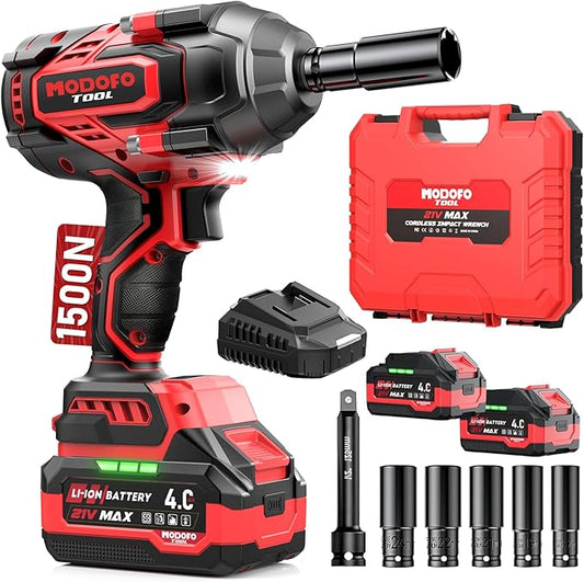 1500N.m (1100ft-lbs) Cordless Impact Wrench, 1/2 High Torque Brushless Impact Drill with 3500RPM Power, 2 x 4.0Ah Batteries, Fast Charger, Variable Speeds for Car/Truck RV/Mower (Red)