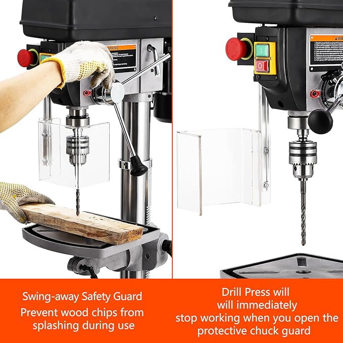 Powerful 15" Benchtop Drill Press with 288-3084 RPM Variable Speed Control, 7.5 Amp 120v Pure Copper Motor with Satety Guard, 0-45°Tilting Worktable, Floor Drilling Machine for Wood Metal