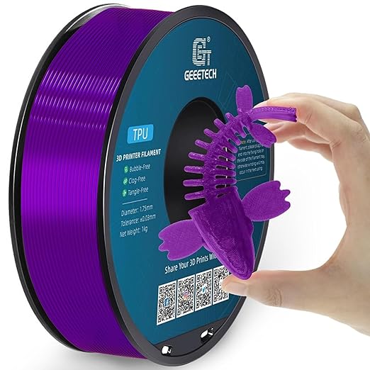 Geeetech TPU Filament 1.75mm, Shore 95A Flexible 3D Printer Filament with High Elasticity, 1KG (2.2lbs) Spool, Dimensional Accuracy 짹0.03mm, Fits Most FDM Printers (Clear Purple)