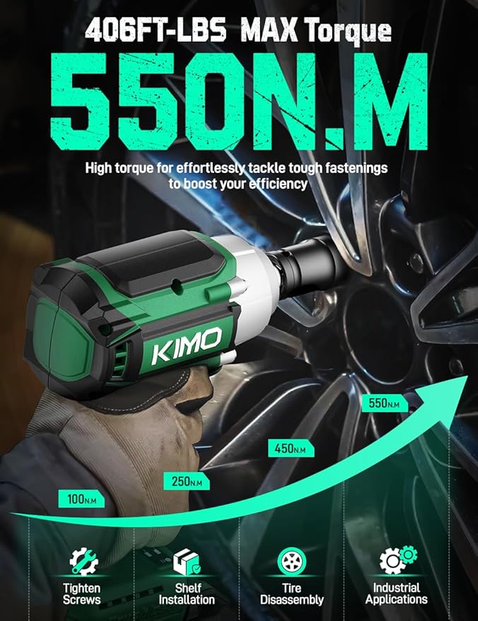 KIMO Impact Wrench 1/2 Cordless, 3000RPM, 9-Piece Drill & Driver Set, 4 Sockets, 406ft-lbs (550N.m) Impact Drill for Car Tires, Safety Lock, 2x4000mAh Battery, Variable Modes Power Smart Impact Wrench