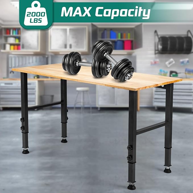 48 "Adjustable Workbench, Heavy Duty 2000 LBS Load Capacity Hardwood Workbench Suitable for Workshop, Office, Garage, Home (Rubber Pad訝쭼o Power Outlets 48"x24")