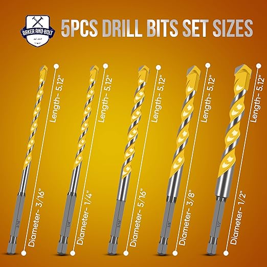 Baker and Bolt Extra 5 Pcs 5.12" Masonry Drill Bit Set for Concrete High-Speed Steel Drill Bits Set with Storage Sleeve (3/16"-1/2")