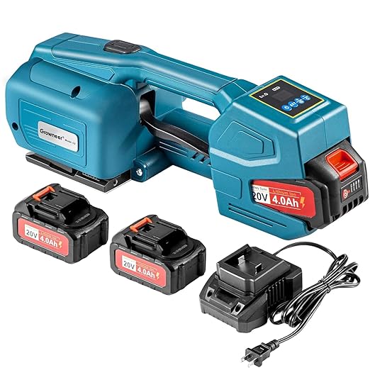 MorNon Electric Strapping Machine with LCD Display, Automatic Handheld Banding Tool for 13-16mm PP PET Straps, 2횞4000mAh Batteries, Portable Packaging Tensioner for Boxes and Pallets