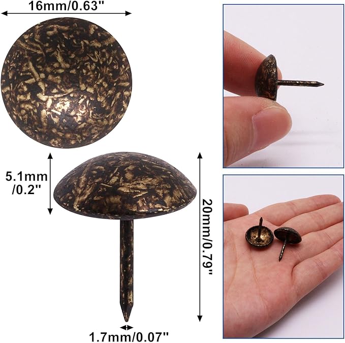 YuGtcen 100pcs Upholstery Tacks for Furniture, Decorative Nails Thumb Tacks Metal Upholstery Nails for Wood Pins Vintage Furniture Tack (16x20mm, Antique Bronze)