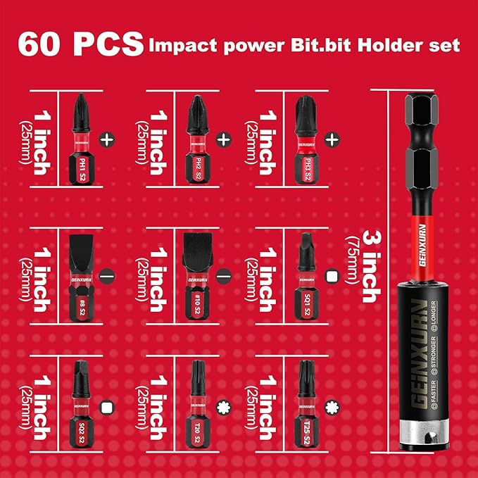 Screwdriver Bit Set with PH1/PH2/PH3/SQ1/SQ2/T20/T25/SL8/SL10 and 1Pcs Impact Bit Holder, 60Pieces Impact Rate Insert Driver Bit Set