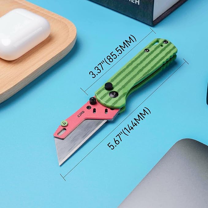 CJRB Boxer Folding Utility Knife, Button Lock EDC Pocket Knife with G10 Handle, Includes 10PCS Total Blades(J1967 Watermelon Green)