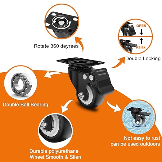 MSH&HCE 2 Inch Heavy Duty Locking Caster Wheels with Brake - 360째 Swivel, 600lb Capacity - Quiet Casters for Furniture, Tables, Workbenches- Includes Screws, washers & Screwdriver(Set of 4)