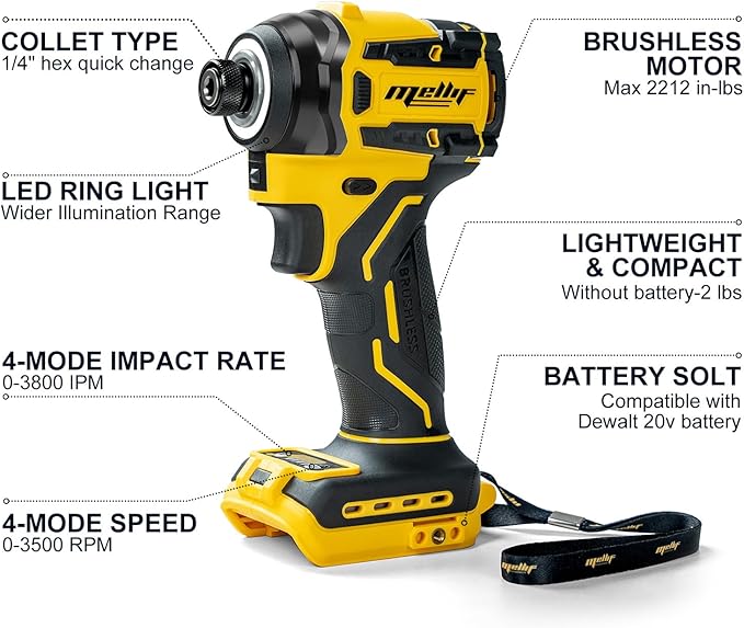 1/4-Inch Impact Driver Compatible with Dewalt 20V 60V Max Battery (Tool Only), 2212 in-lbs Torque, 4-Speed, Brushless Motor, LED Light