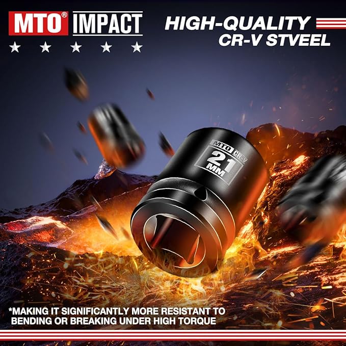 MTO 1/2" Drive 21mm Shallow Impact Socket, 6-Point Metric Socket for Automotive Maintaince, CR-V Steel Meets ANSI Standards