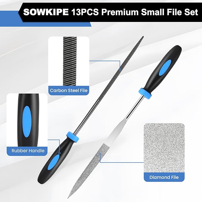 13Pcs Premium Small File Set, 6 Diamond Files, 6 Steel Files, Cleaning Brush & Carrying Case for Wood, Plastic, Jewelry, Leather, DIY