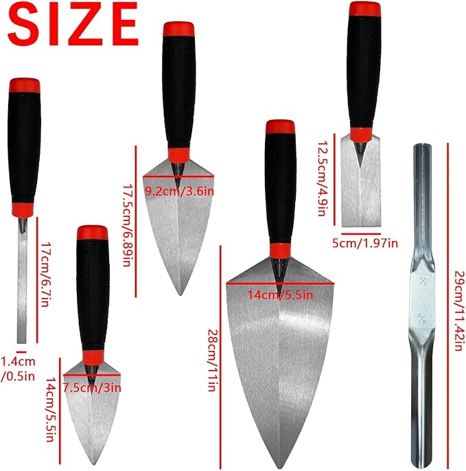 6 Pack Masonry Hand Tool Set, Concrete Tool Set Includes 1 PC Brick Trowel, 2 PCS Pointing Trowels, 1 PC Margin Trowel, 1 PC Tuck Pointing Trowels, 1 PC 5/8??x 1/2??Convex Brick Jointer
