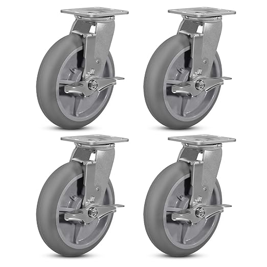 8inch Caster Wheels, Thermoplastic Rubber Wheels(Crown Tread) with Steel Plate, Heavy Duty Casters Set of 4-2800Lbs Capacity (4 Pack Brake)