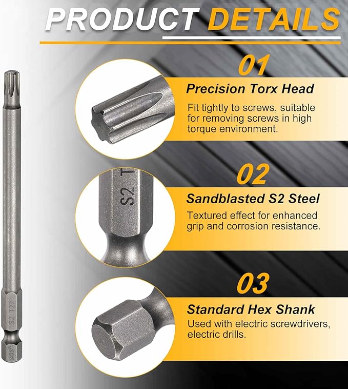 HARFINGTON 2pcs T27 Torx Head Screwdriver Bit 1/4" Hex Shank 4" (100mm) Long Magnetic No Hole Tip Tamper Proof 6 Point Star Screw Driver Drill Bits S2 Steel Industrial Power Screwdrivers
