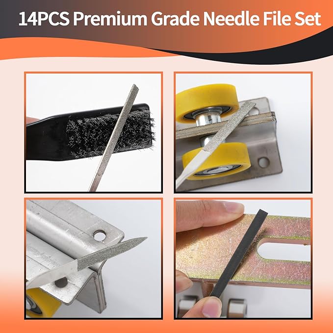 KUZURYU 14PCS Needle File Set - Small Diamond Files with 6 Jeweler's Files & 6 Steel Files （150mm）for DIY, Jewelry, Plastic, Wood & Metal Crafting – with Storage Bag & Steel Brush