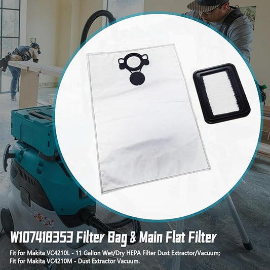 W107418353 Filter Bag & Main Flat Filter W107418351 Compatible with Makita VC4210 VC4210L VC4210M Wet/Dry Dust Extractor Vacuum Dust Collector Bags